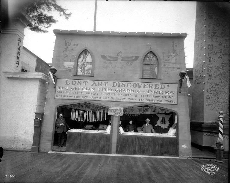 Grecian Lithographic Press booth, Pay Streak, Alaska Yukon Pacific Exposition, Seattle, 1909 (AYP 372)